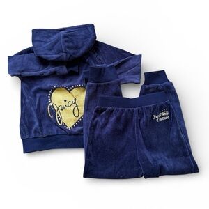 Juicy Couture Toddler Velour Tracksuit Set Navy Blue Heart Hoodie & Pants 4T